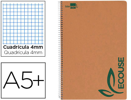 Cuaderno espiral Liderpapel 4º Ecouse tapa cartulina kraft 80h papel reciclado 80g/m² c/4mm.